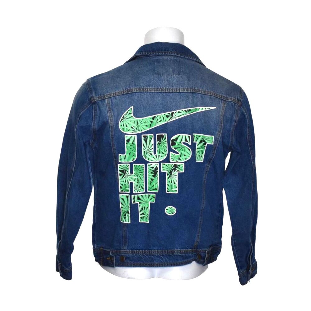 Red Label by Patrulla Jeans Just Hit It Graphic Denim Jacket Stoner Mens Medium